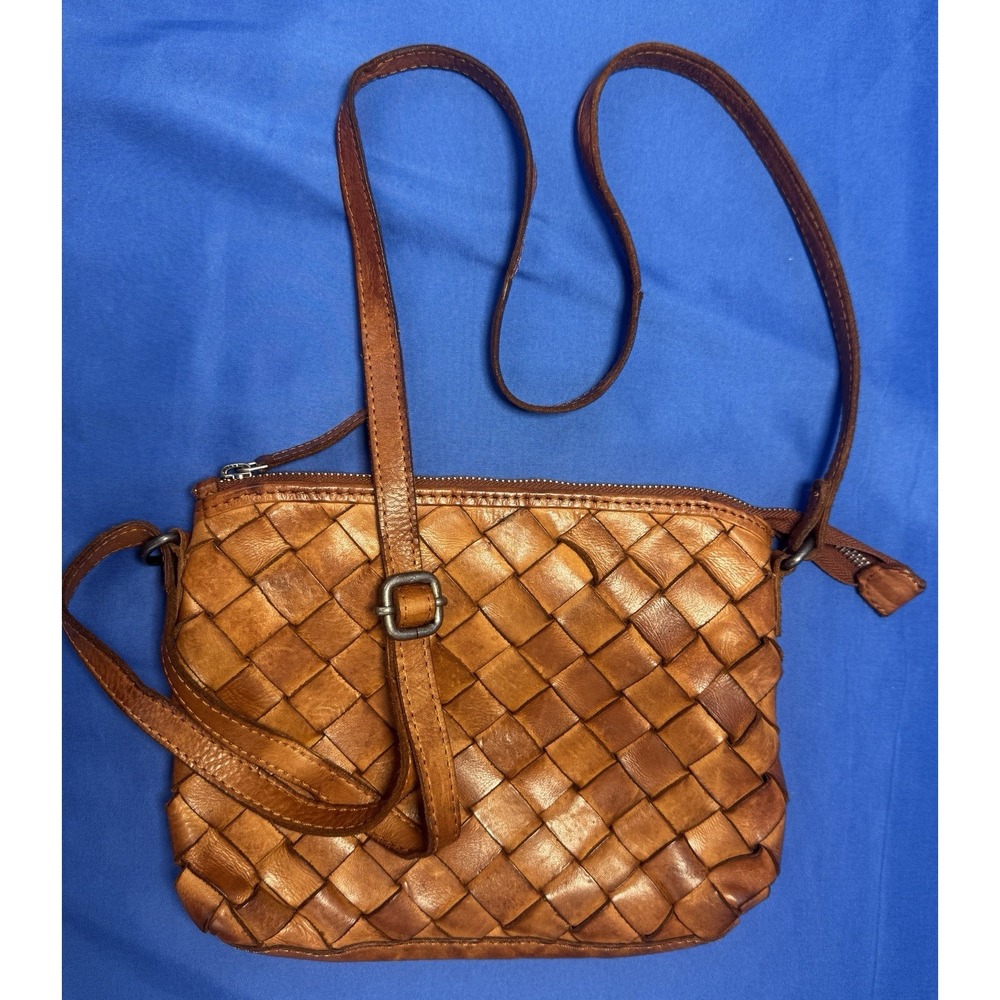 Vilenca Holland Brown Woven Leather Crossbody Bag Boho Cognac Adjustable Strap